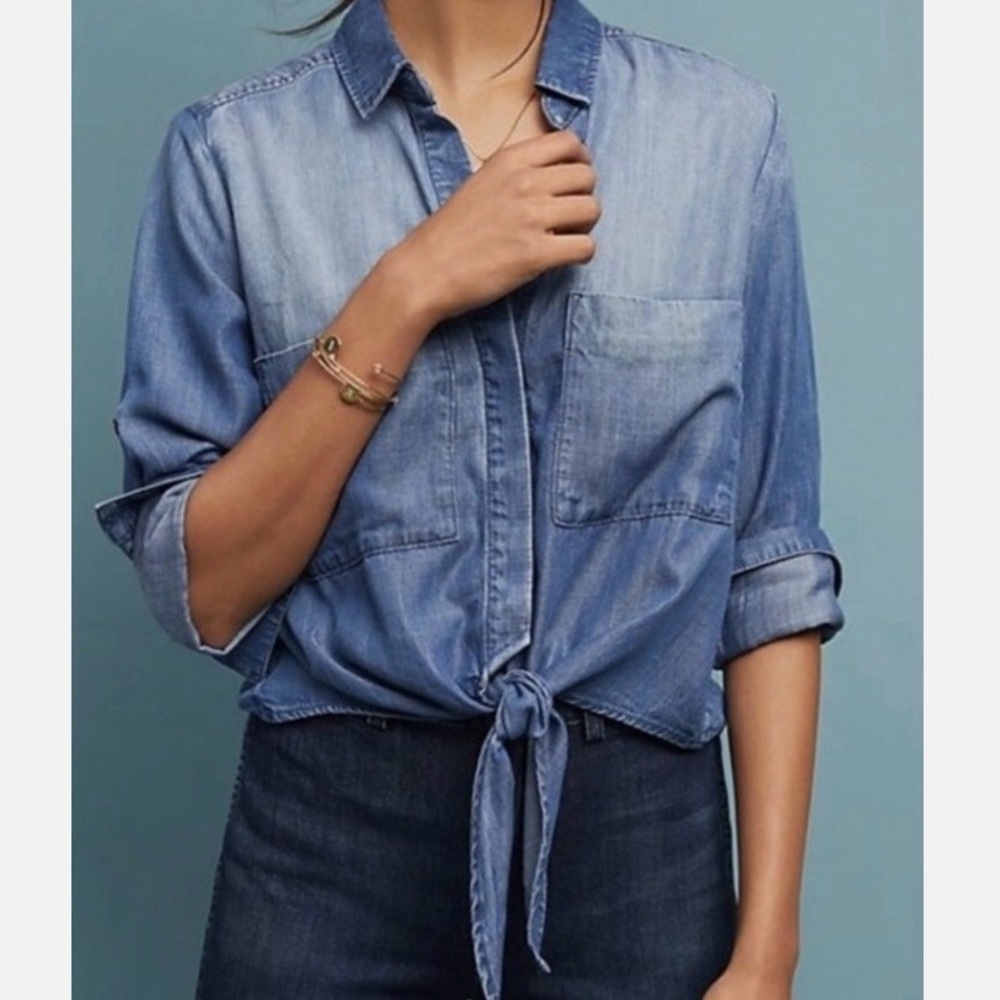 Cloth & Stone Denim Button Down Tie-Front Shirt Medium